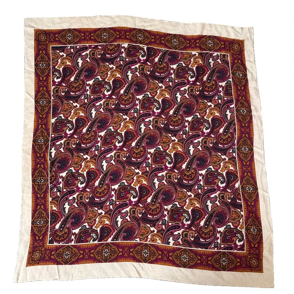 Vintage Silk Paisley Scarf 32x34 Burgundy Rust Mustard Gold Ornate Border 70s